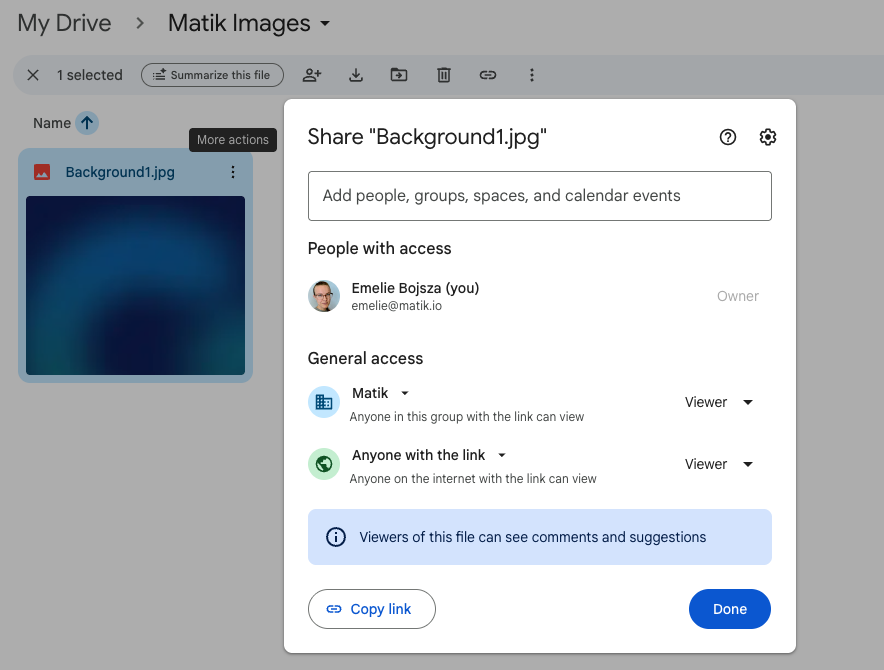 Image showing a GDrive image file with sharing settings "anyone with the link can view"